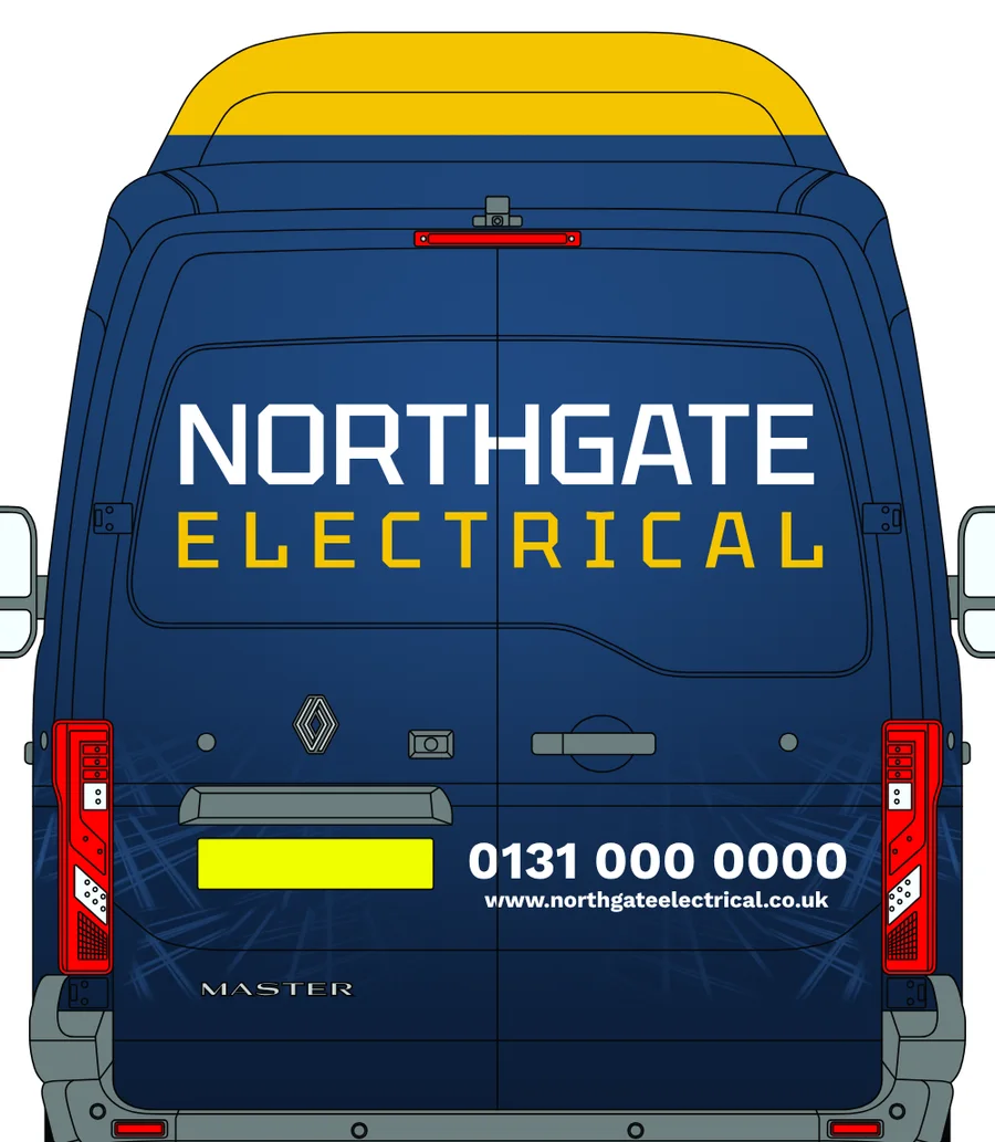 The van's rear after the revision: yellow roof cap, larger name, soft glow, faint texture on the lower doors
